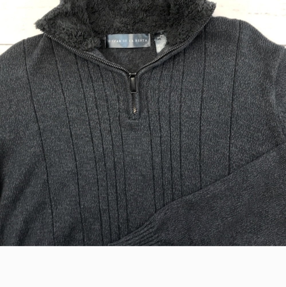 Oscar De La Renta Sweater Cable Knit Quarter Zip Sherpa Trim - Picture 4 of 4
